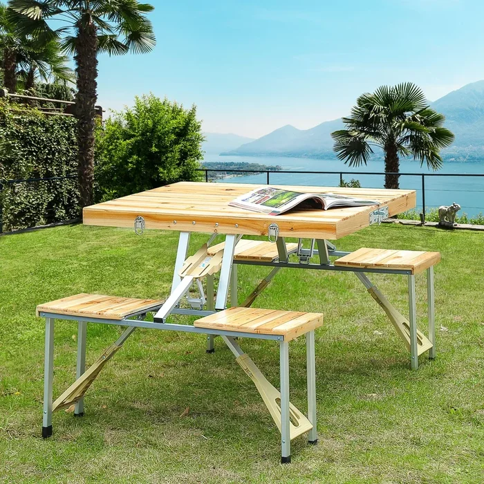 Portable Camping Picnic Table Set with Chairs – Folding Wood Outdoor Ensemble for BBQ & Garden Parties – Ideal for Picnickers and Adventurous Cookouts