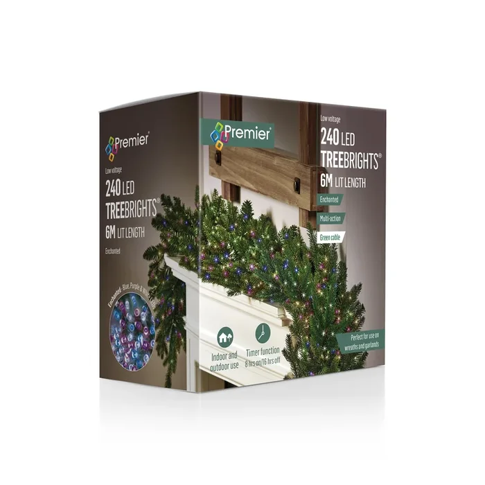 Premier Enchanted Colour Blue, Purple & White Mix Mix Multi Action LED Tree Brights Timer Christmas Tree Lights Green Cable – 240 LEDs