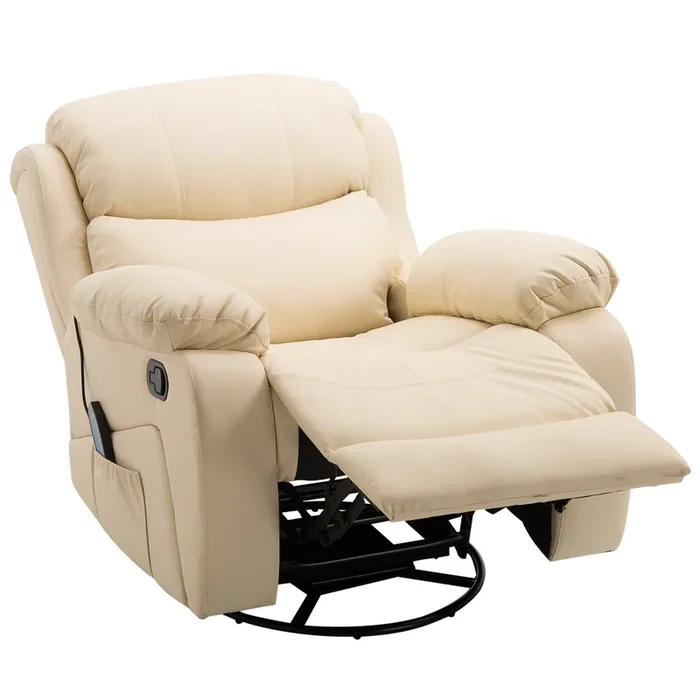PU Leather Recliner with Heat and Massage – 8-Point Vibrating Recliner with Swivel Base and Footrest – Comfortable Seating Solution for Relaxation and Stress Relief, Beige