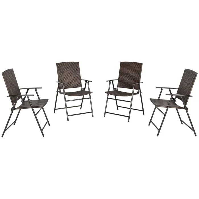 Rattan Chair 4-Piece Set – Foldable Wicker Garden Furniture with Steel Frame – Ideal for Poolside and Outdoor Seating