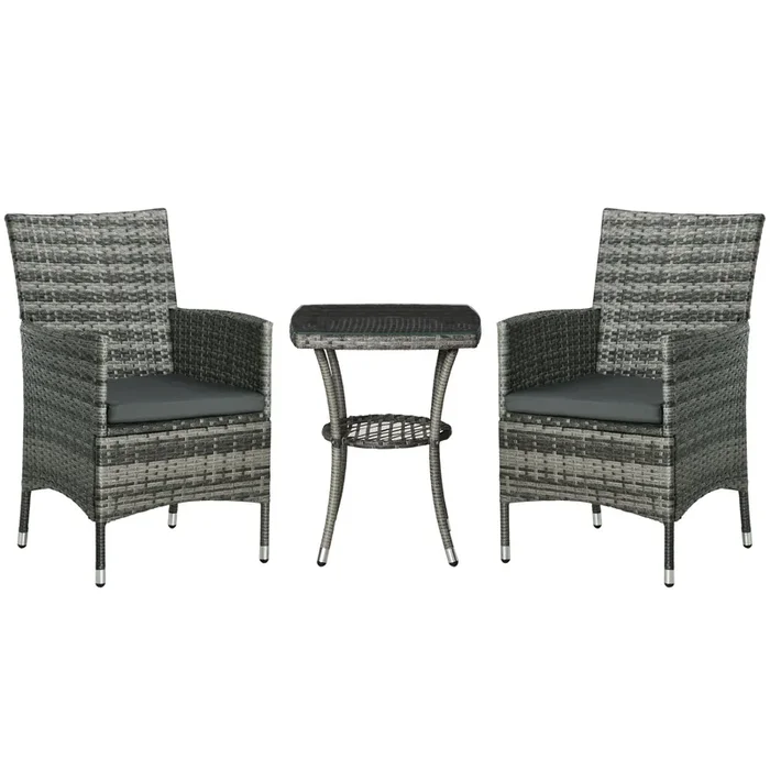 Rattan Garden Bistro 3-Piece Set – Patio Weave Companion Chairs with Cushions and Matching Table – Ideal for Conservatory and Outdoor Seating, Light Grey