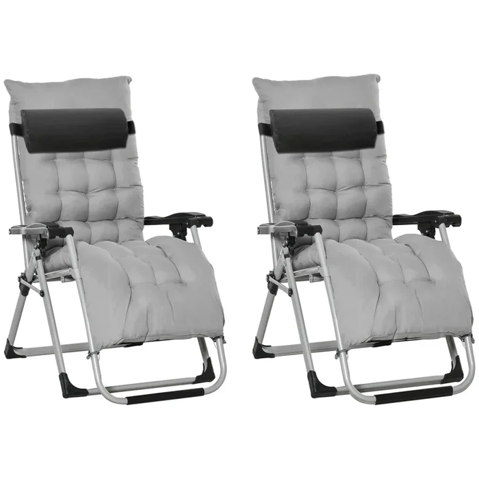Reclining Zero Gravity Chair Set – 2-Piece Folding Sun Lounger with Cushion and Headrest in Light Grey – Comfortable Outdoor Relaxation for Garden and Patio