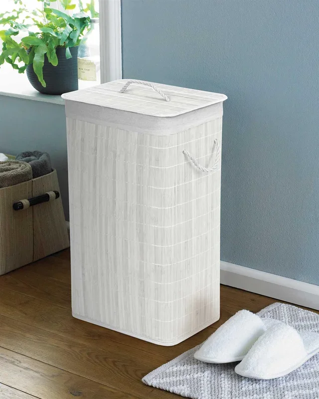 Rectangular Bamboo Laundry Hamper with Lid, White