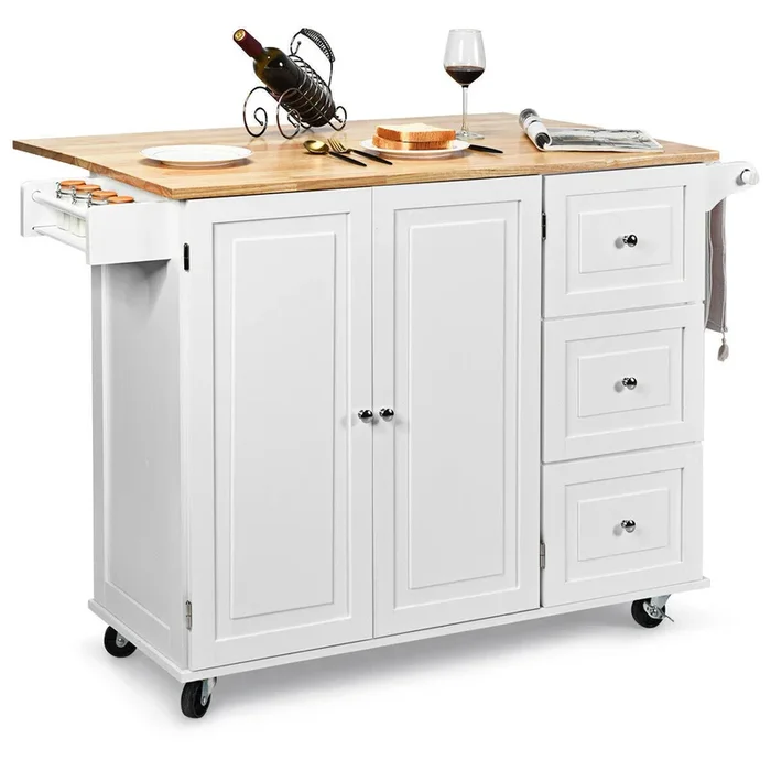Rolling Kitchen Island – Convenient Mobile Cart with 3 Storage Drawers and 2-Door Cabinet – Ideal for Bringing Efficiency and Organization to Your Kitchen Space