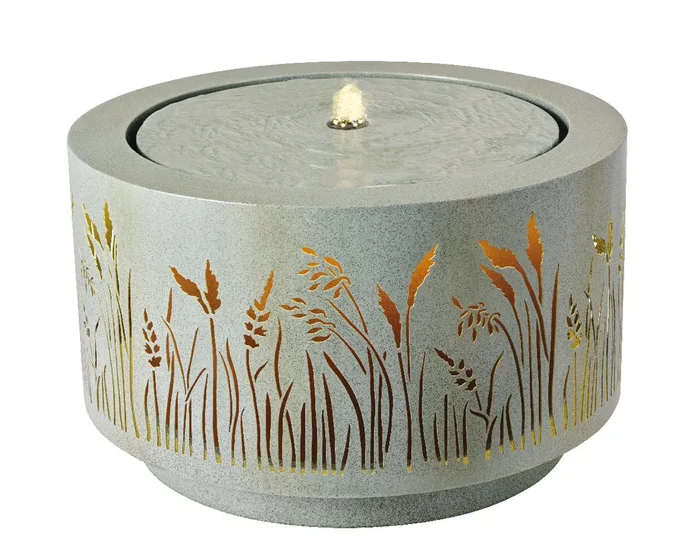 Round Grey Galvanised Steel Floral Silhouette Effect Water Feature / Fountain with LED Lights – 50cm