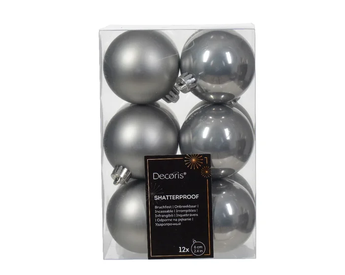 Set of 12 Matt and Shiny Marble Grey Shatterproof Baubles