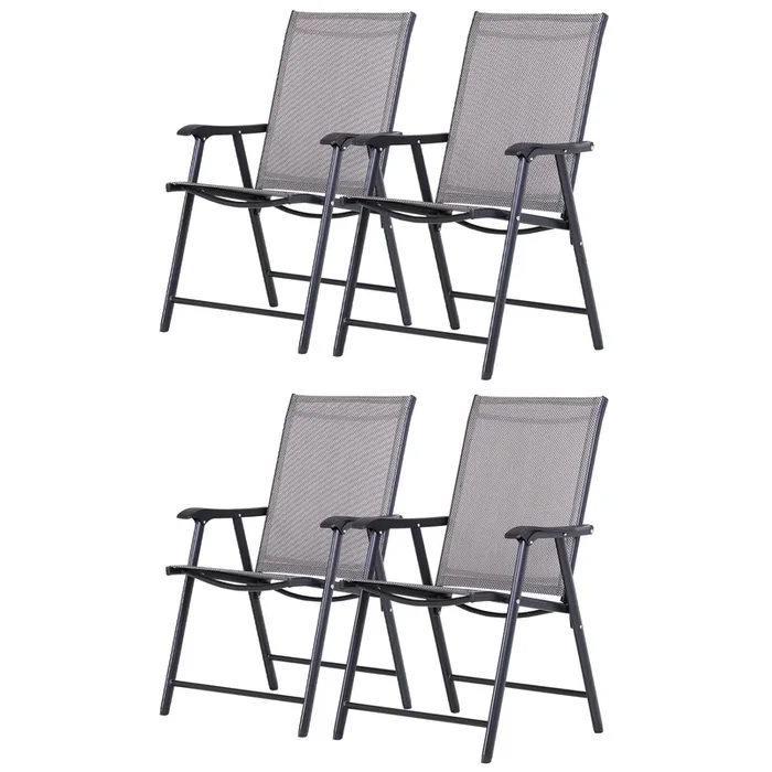Set of 4 Foldable Metal Garden Chairs – Outdoor Patio Seating with Breathable Mesh, Grey – Ideal for Dining & Relaxation in Parks or Gardens