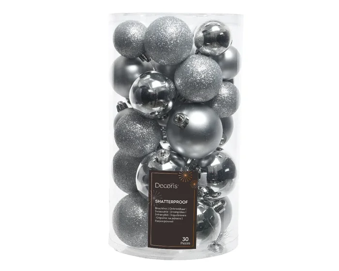 Silver Shatterproof Glitter, Matt, Shiny Mix Baubles – Tube of 30