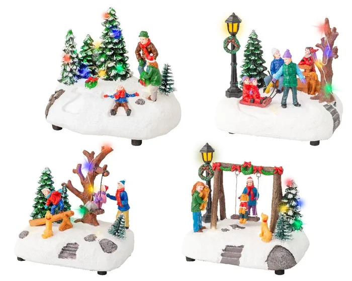 Snowy Children Playing Winter Village Scenery Battery Operated Micro LED Decoration