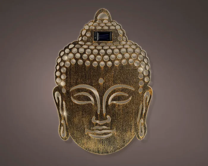 Solar Powered Light Up Rustic Brown Buddha Head Wall Decoration – 37cm
