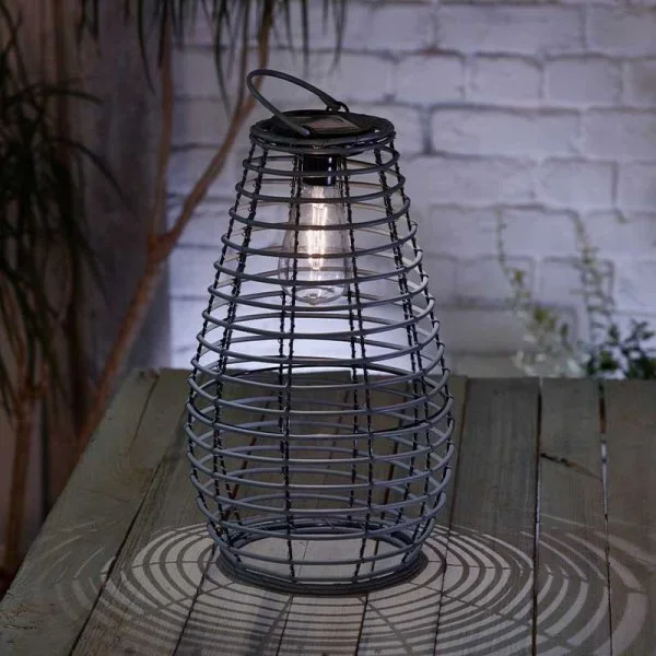 Solar Powered Tall Venus Slate Grey Weave Lantern with Edison Bulb