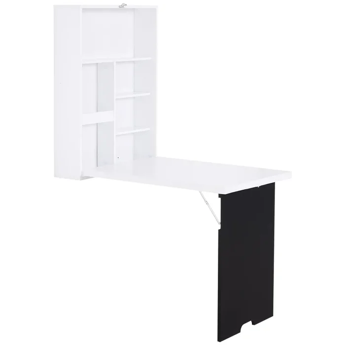 Space-Saving Wall-Mounted Drop-Leaf Desk – Multifunctional Design with Chalkboard and Shelf, White Finish – Ideal for Small Spaces and Home Organization