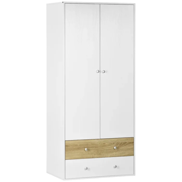 Spacious 2-Door White Wardrobe – Integrated Drawers & Hanging Rod for Clothing – Ideal Bedroom Storage Solution for Clothes Organization