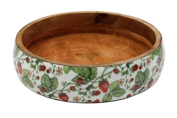 Strawberry and Leaf Printed Wooden Enamel Deep Bowl
