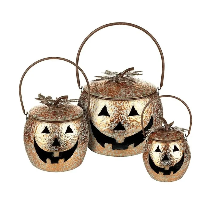 Stunning Golden Orange Metal Decorative Pumpkins – Set of 3