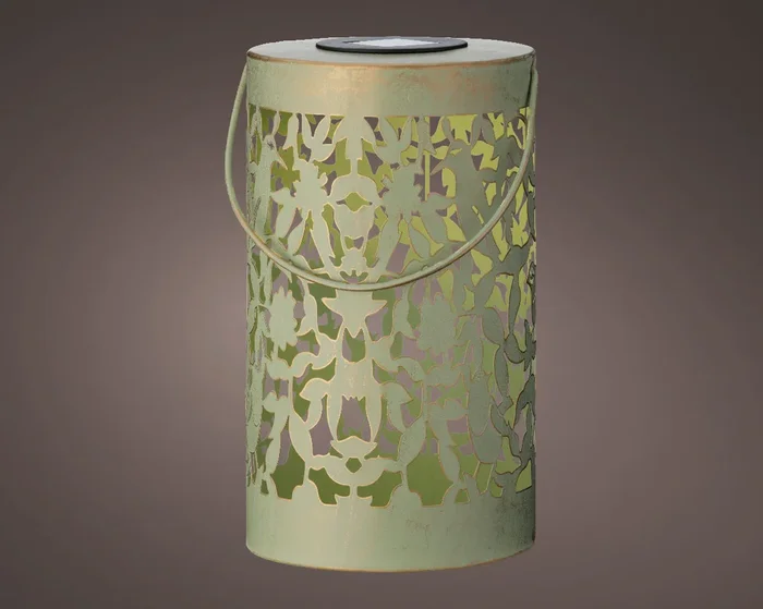 Tall Metal Solar Powered Green Antique Floral Silhouette Effect LED Lantern – 28cm