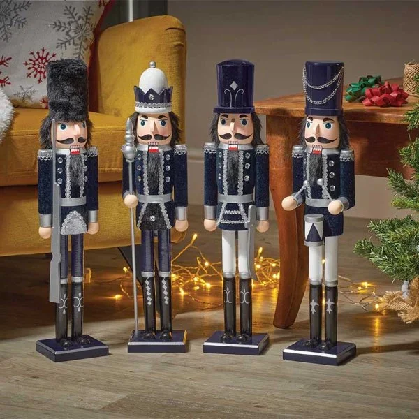 Three Kings XL Wooden Nutcracker in Navy Blue & Silver – 50cm
