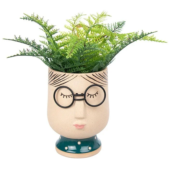 Unique Lady Mildred Face Teal House Plant Pot with Glasses – Medium