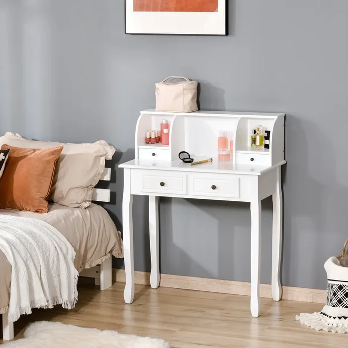 Vanity Makeup Dressing Table with 4 Drawers – Bedroom Furniture Console Desk with Dividers and Nightstand Function – Ideal for Cosmetic Storage and Beauty Routine