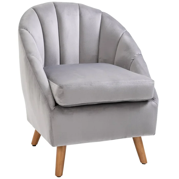 Velvet Fabric Accent Chair – Single Sofa Armchair with Solid Wood Legs for Home Living Room – Upholstered Grey Side Chair for Elegant Seating Comfort