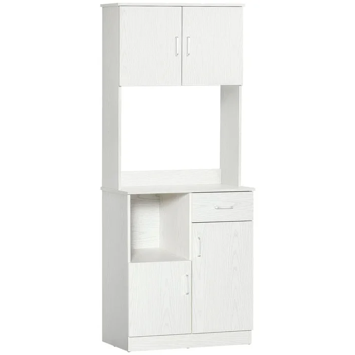 Versatile Freestanding Kitchen Storage Unit – Microwave Stand, Dual Cabinets, Adjustable Shelving in Classic White – Ideal for Organizing Kitchenware & Appliances