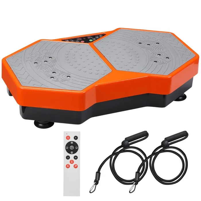 Vibration Fitness Plate with Resistance Bands – 99 Adjustable Intensity Levels, Remote Control – Ideal for Home Gym Full-Body Workouts, Orange and Grey