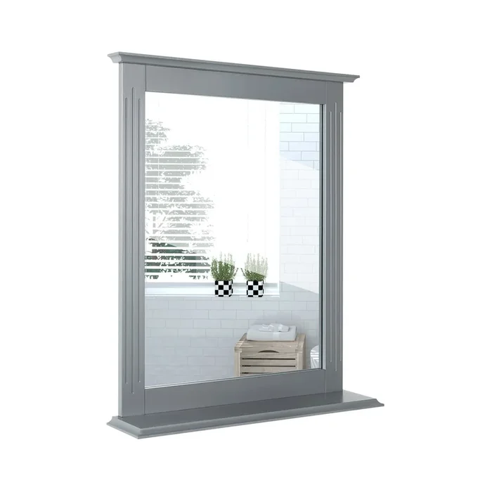 Wall-mounted Rectangular Bathroom Mirror – Modern Design with Grey Storage Shelf – Ideal for Organized Vanity Spaces