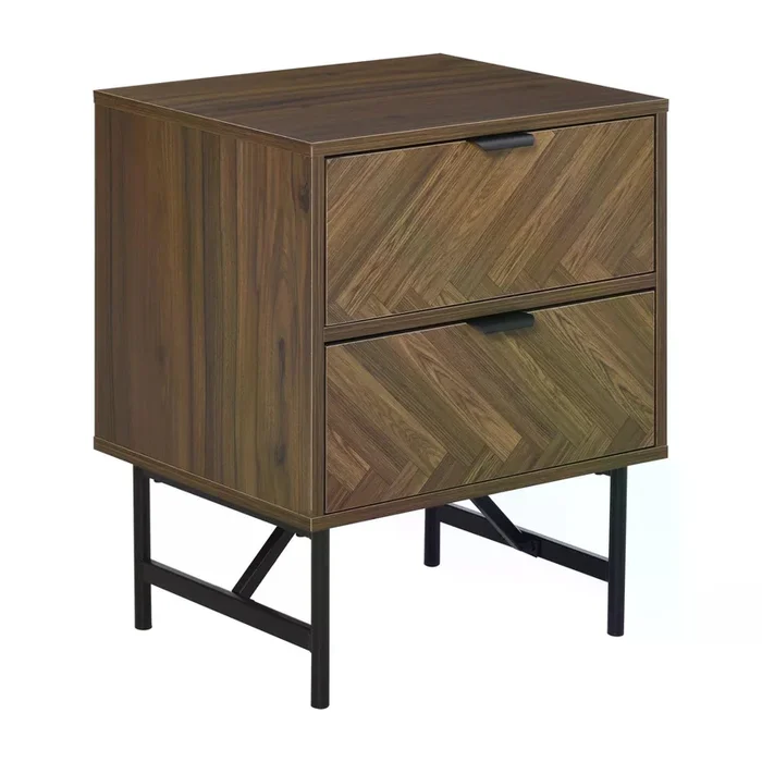 Walnut Brown Side Cabinet with Herringbone Pattern – 2-Drawer Home Organizer with Hidden Handles – Ideal for Bedroom and Living Room Storage Solutions