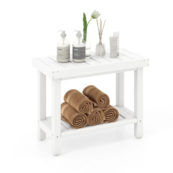 Waterproof HDPE 2-Tier Bathroom Stool – Shower Bench with Storage Shelf in White – Ideal for Bathrooms Lacking Storage Space