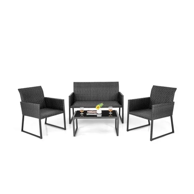 Wicker Patio Furniture Set – 4 Piece Quick-Drying Foam Outdoor Ensemble – Ideal for Comfortable Patio Leisure Time