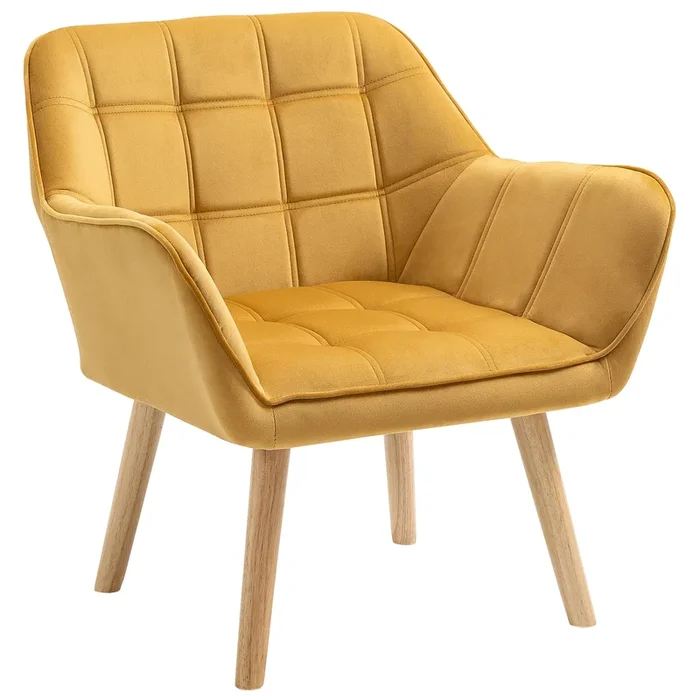 Wide-Armed Yellow Accent Armchair – Slanted Back with Plush Padding and Durable Iron Frame – Stylish Seating for Home or Bedroom Comfort