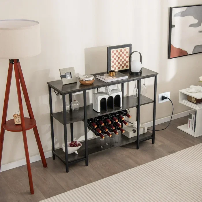 Wine Bar Cabinet Wine Rack with Bottle Racks and Storage Shelves-Grey