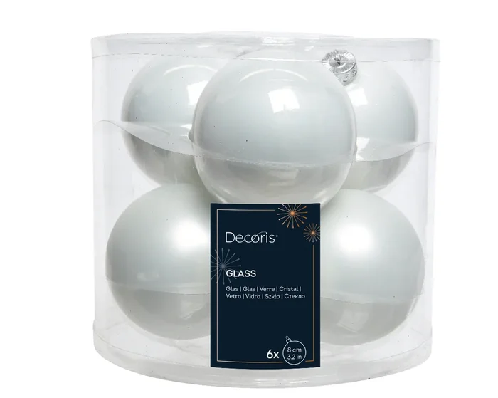 Winter White Mixed 8cm Glass Baubles – Tube of 6 8cm