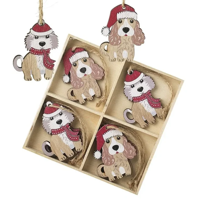 Wooden Christmas Dogs Hanging Decorations – Set of 8