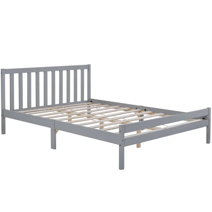 Wooden Double Bed Frame with Headboard and Footboard – Elegant 4ft6 Bedroom Furniture in Grey, No Box Spring Needed – Comfort & Style for Modern Bedrooms, Size 196x140x77 cm