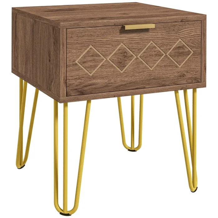 Wooden Nightstand with Storage Drawer – Modern Bedside Table & Sofa Side Table with Gold Tone Metal Legs – Ideal for Living Room and Bedroom Organization