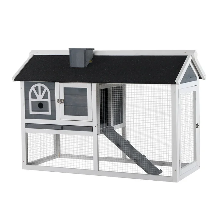 Wooden Rabbit Hutch and Guinea Pig Cage – Outdoor/Indoor Shelter with Pull Out Tray, Run Box, and Ramp – Ideal for Small Animals with Weatherproof Asphalt Roof in Grey