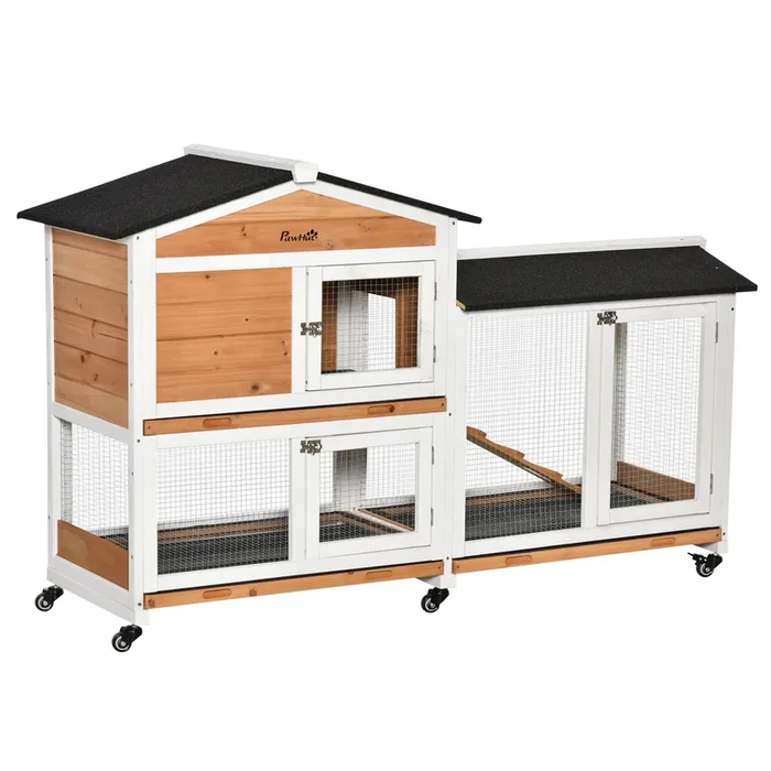 Wooden Rabbit Hutch with Double Decker Design – Mobile Guinea Pig Cage with Bunny Run, Wheels, Slide-Out Tray, Ramp – Ideal for Small Pets & Easy Cleaning