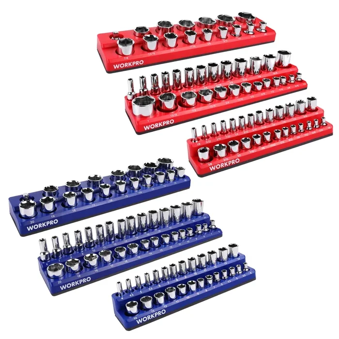 WORKPRO Magnetic Receptacle Organizer Set of 6 Includes 1/4″, 3/8″, 1/2″ Drive Metric SAE Receptacle Tray, Holds 141 Standard Sizes