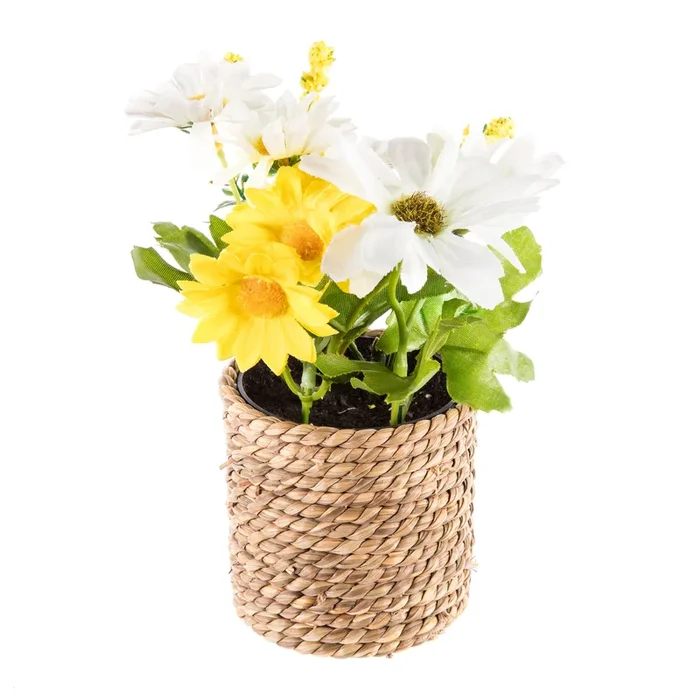 Yellow & White Artificial Spring Flowers in Rope Pot – 15cm