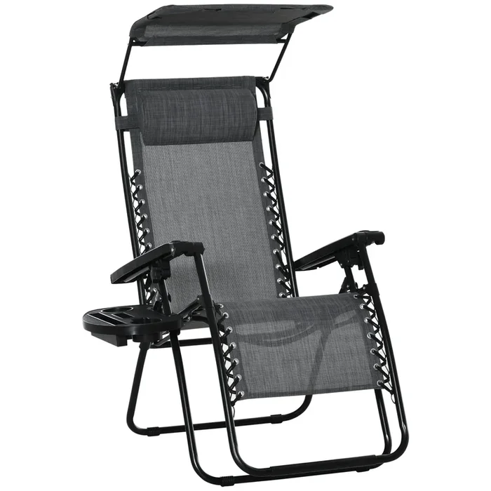 Zero Gravity Recliner – Patio Sun Lounger with Canopy Shade and Cup Holder, Folding Design – Ideal for Outdoor Relaxation and Comfort, Grey